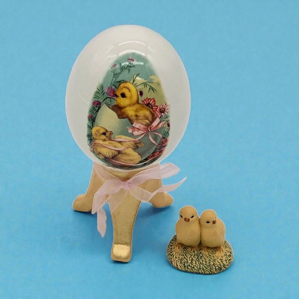 Resting Easter Egg and Baby Chicks Resin Animal Figure Vintage Spring Farm Decor